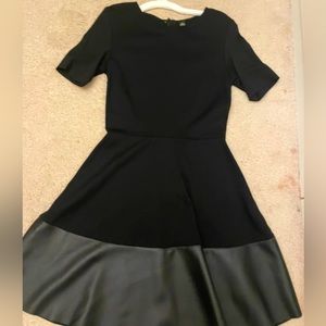 Black Mini Dress; Size M, Black Aline Dress with Leather Bottom Trim